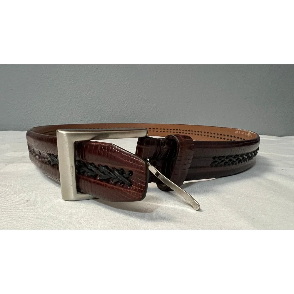Brown Lizard Embossed Leather Belt with Braided Inlay Silver Buckle‎ 46 Inch